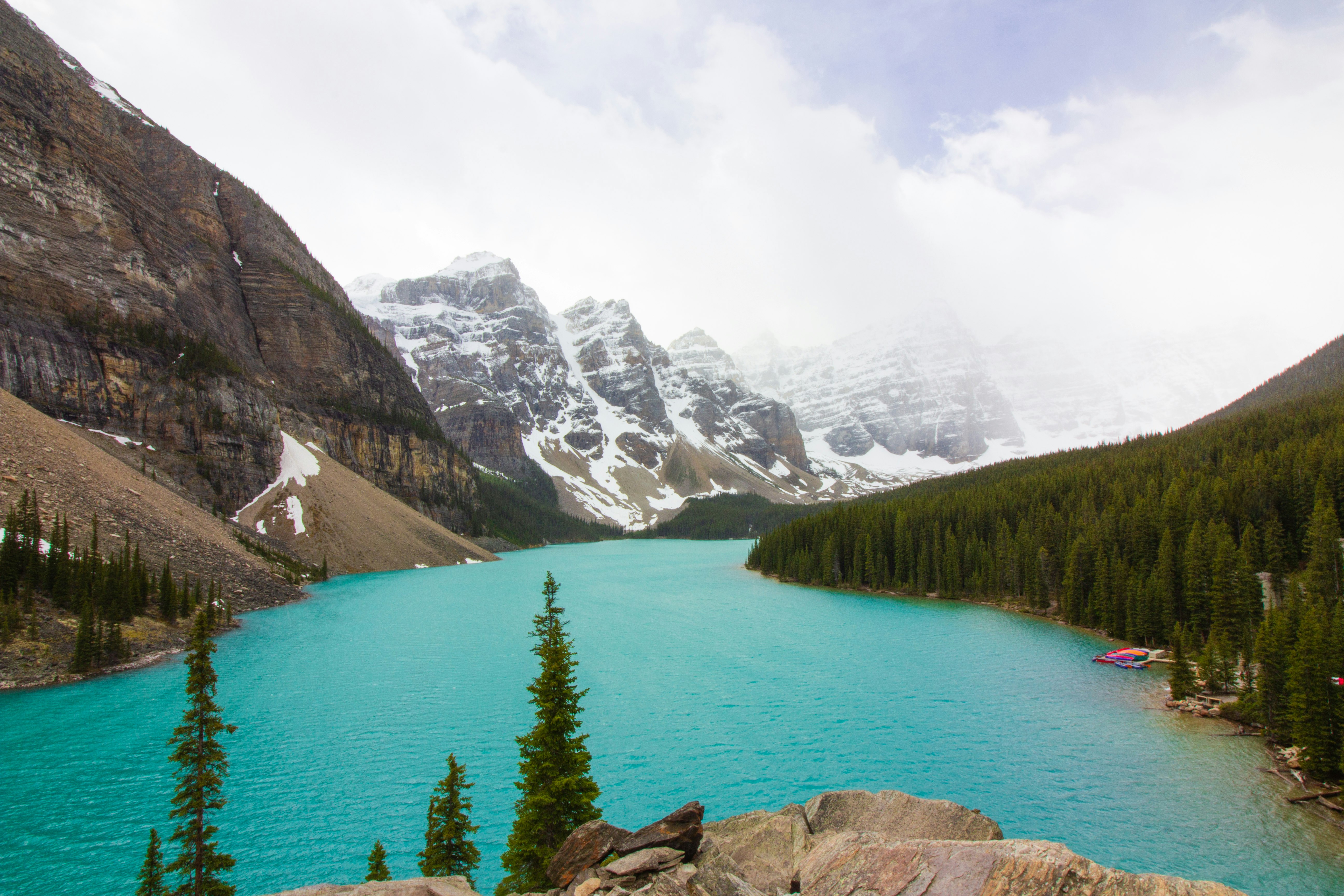 lake surrounded by pine trees and mountains at daytime